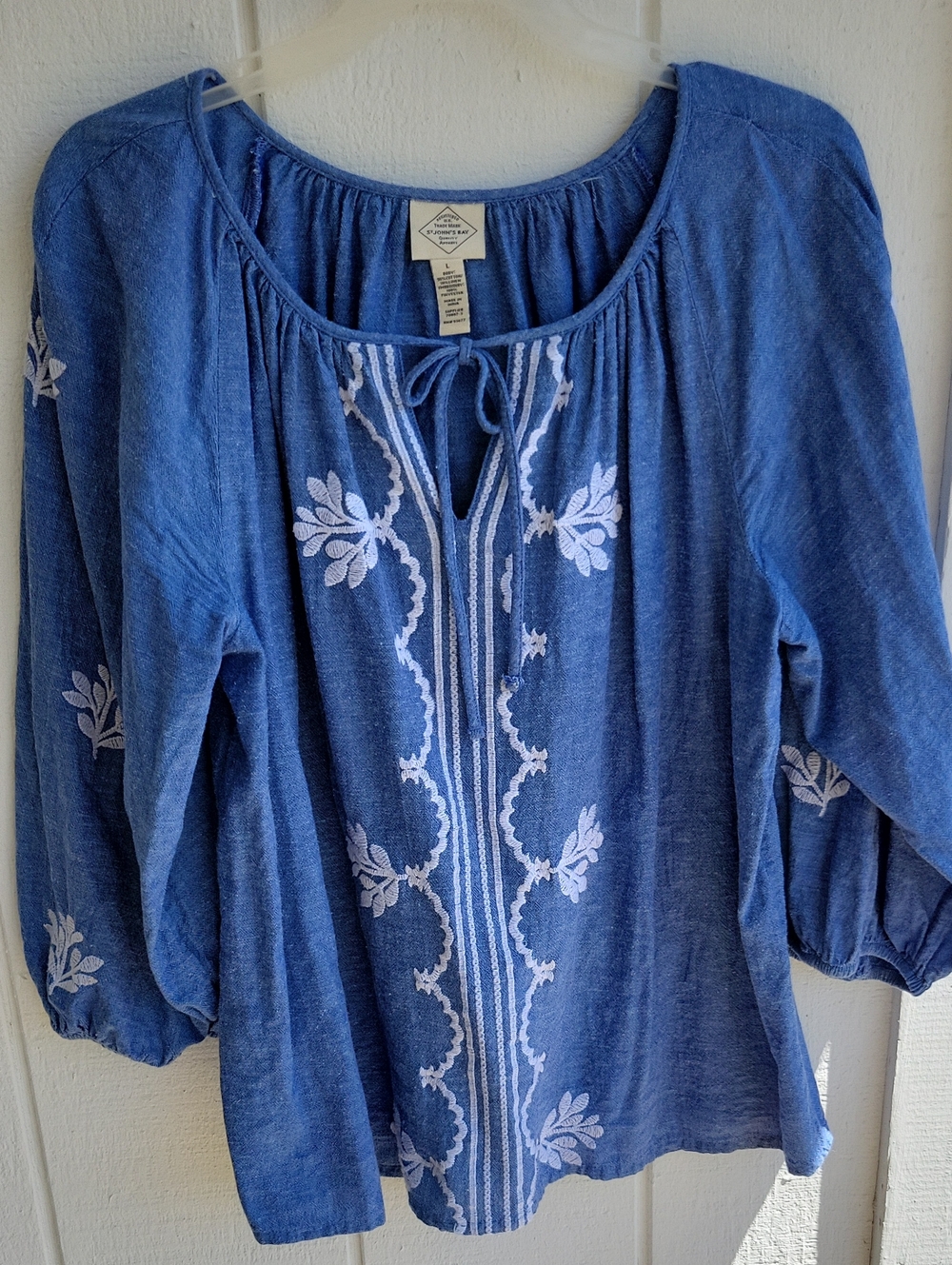 St. John's Bay Blue Embroidered Peasant Tunic Cotton With Linen Embroidery